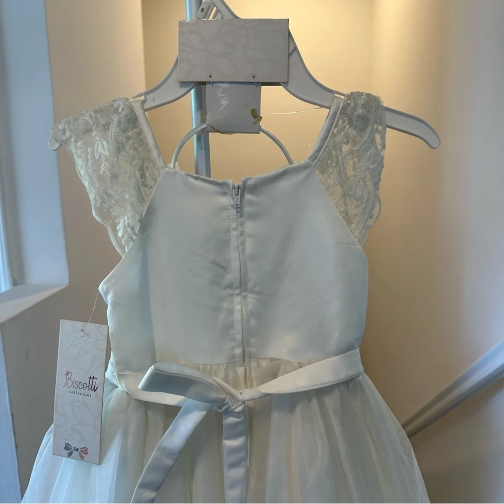 Biscotti Flower Girl White Dress with Lace Shoulders & Matching Bow Headband